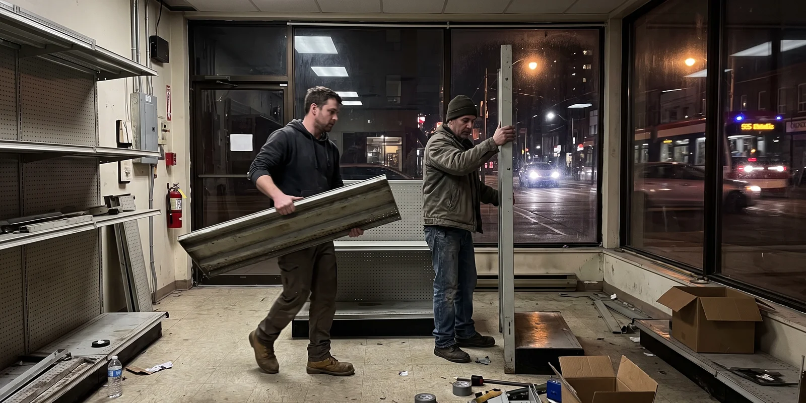 Crew removing retail shelving from an empty shop floor