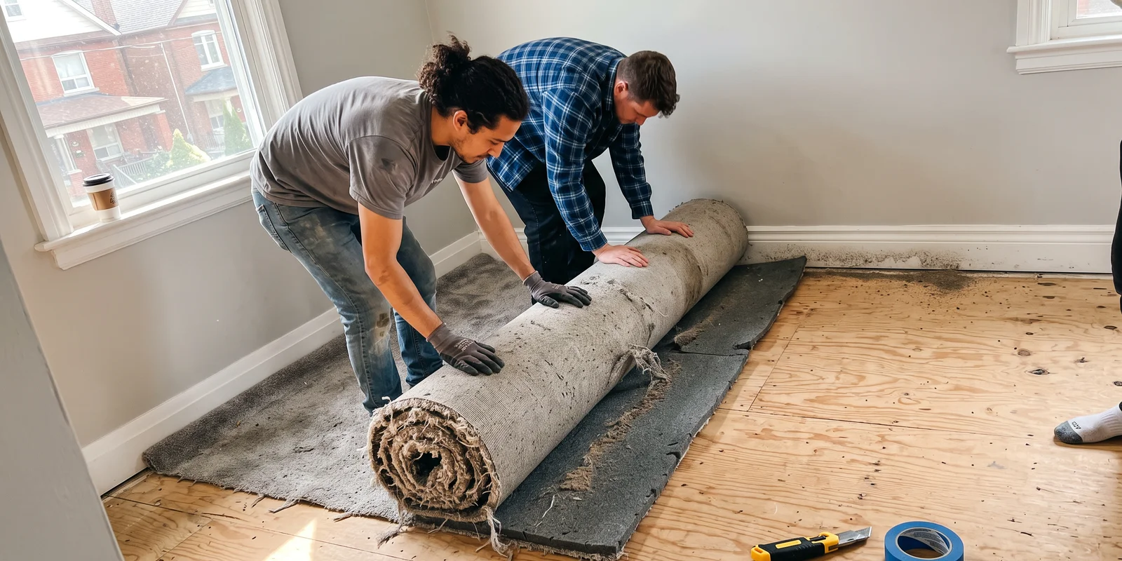 Crew rolling up old carpet to reveal the subfloor