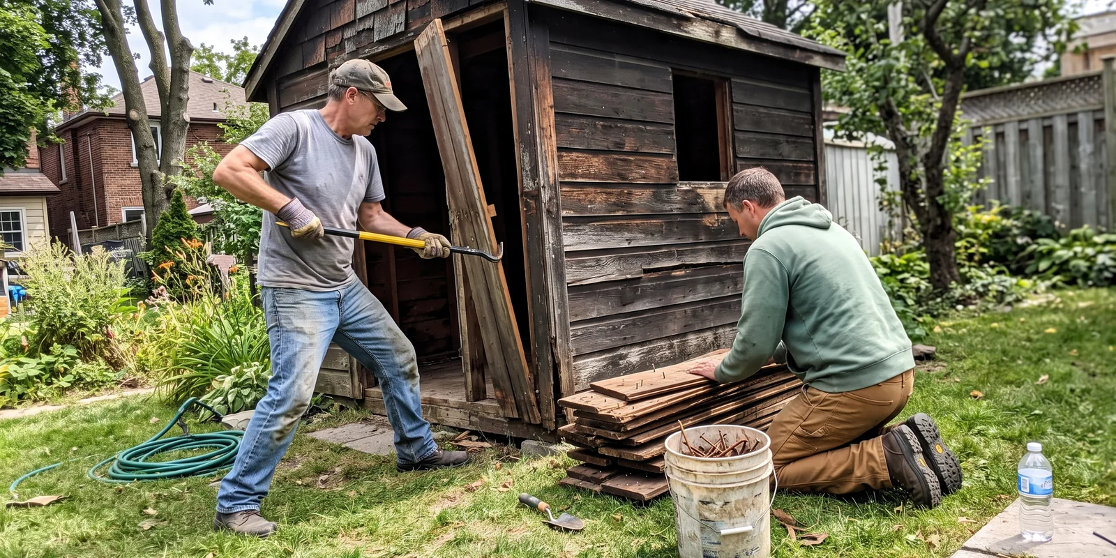 Crew tearing down an old wooden shed in a Toronto backyard