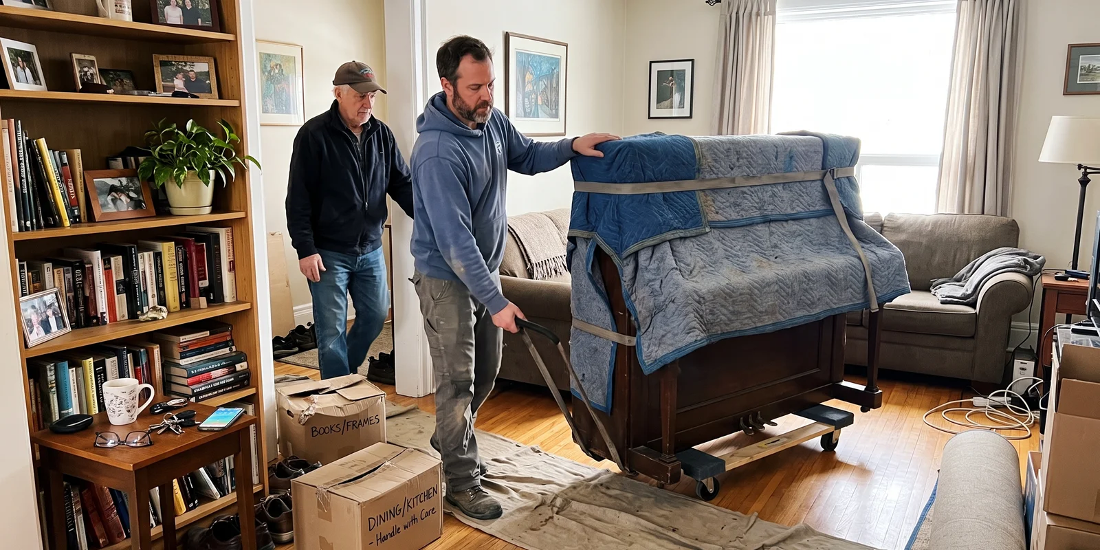 Crew moving an upright piano with straps and a heavy-duty dolly