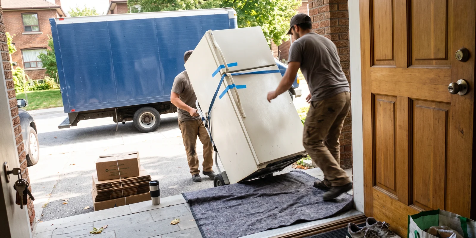 Crew removing an old refrigerator from a Toronto kitchen