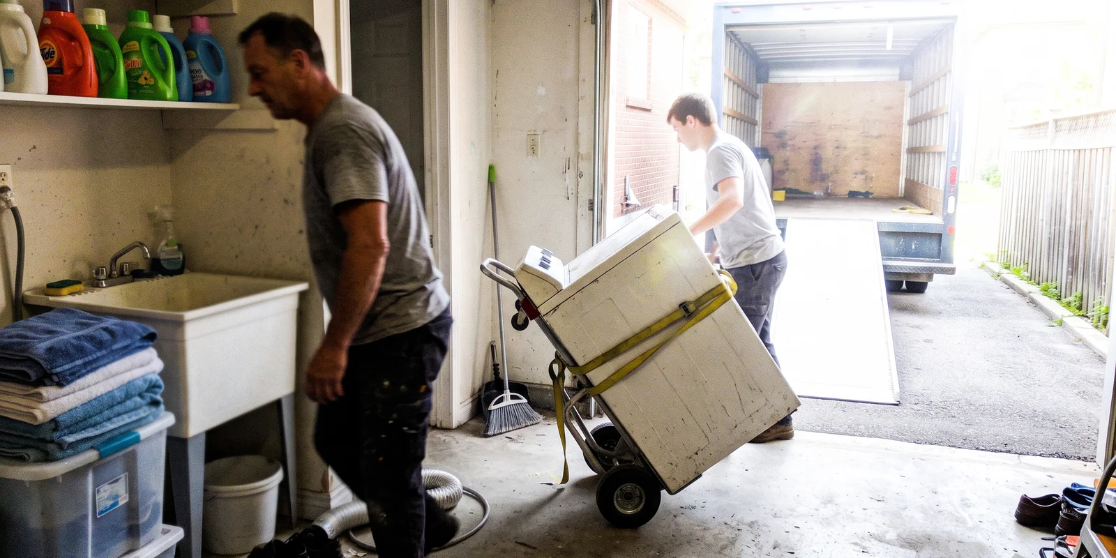 Crew removing an old washing machine on an appliance dolly