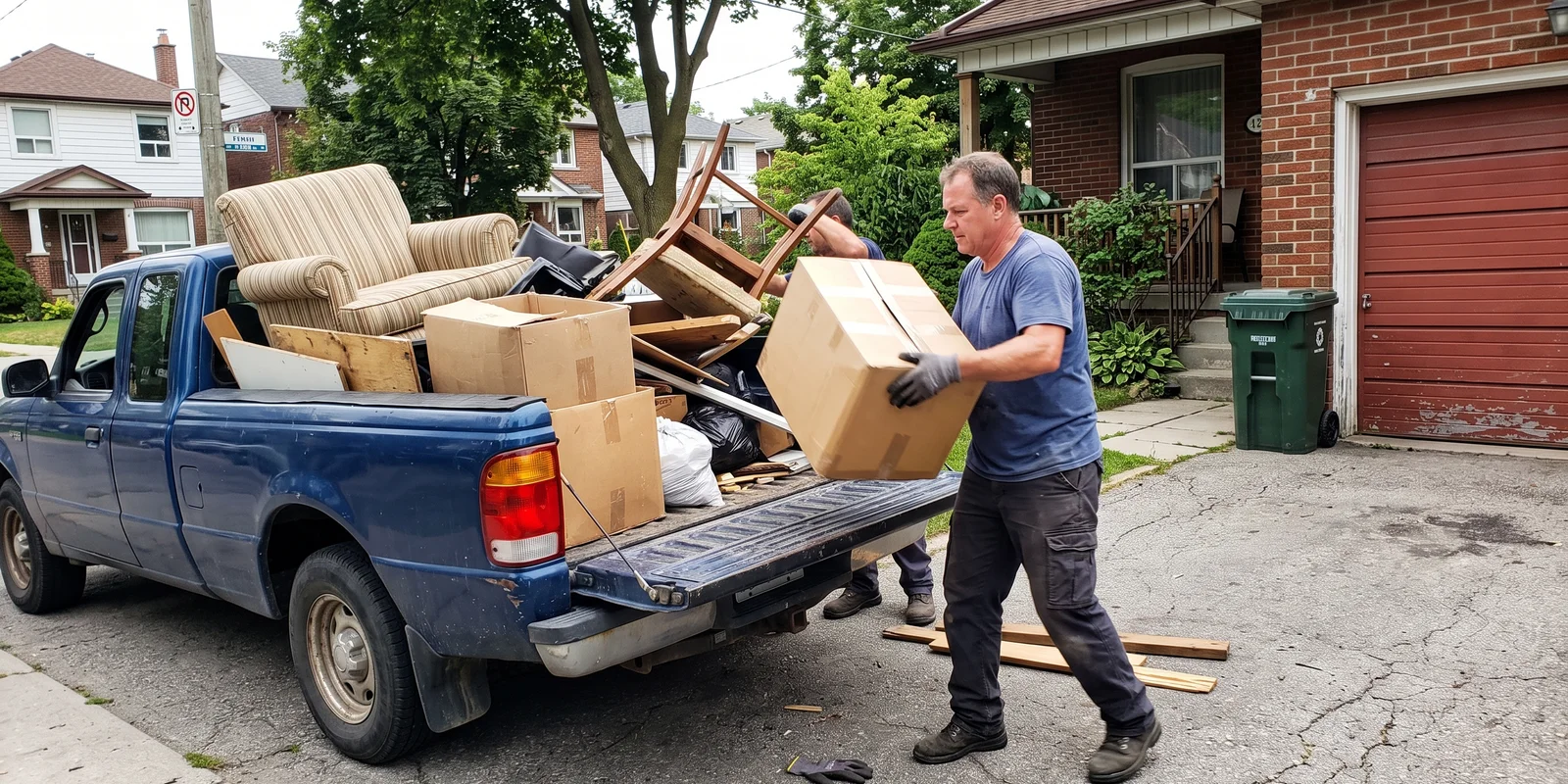 Truck being loaded on a driveway as an alternative to a rental bin