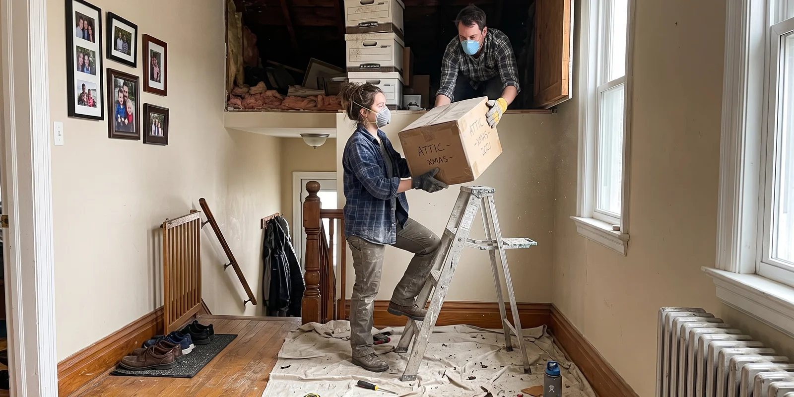 Crew passing storage boxes down through an attic hatch